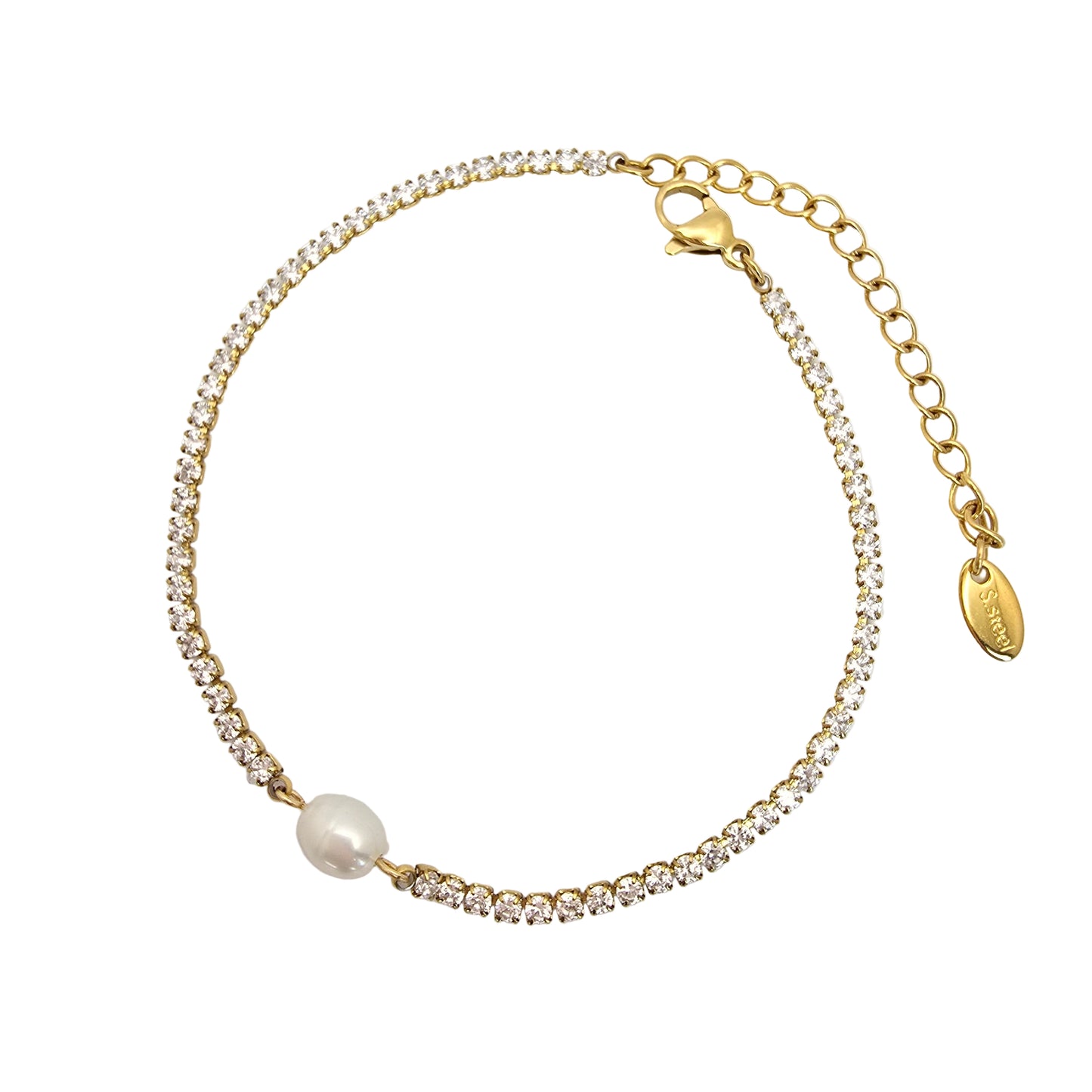 gold dainty tennis bracelet with pearl