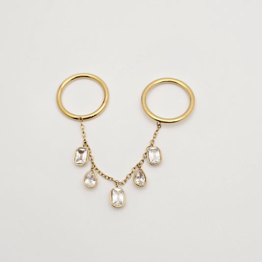 dainty gold waterproof rings with chain detail dangling cz