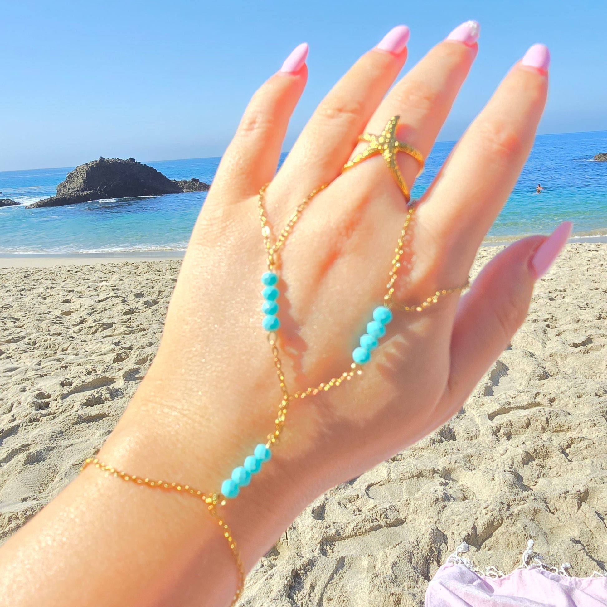 dainty unique gold turquoise hand chain waterproof starfish ring