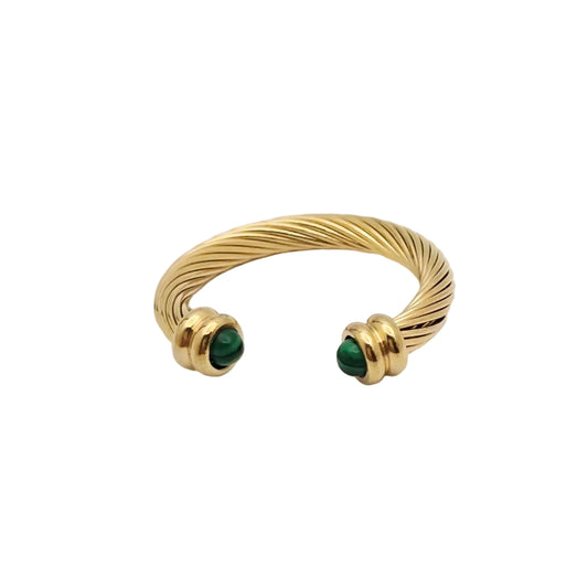 gold twisted open ring emerald stones