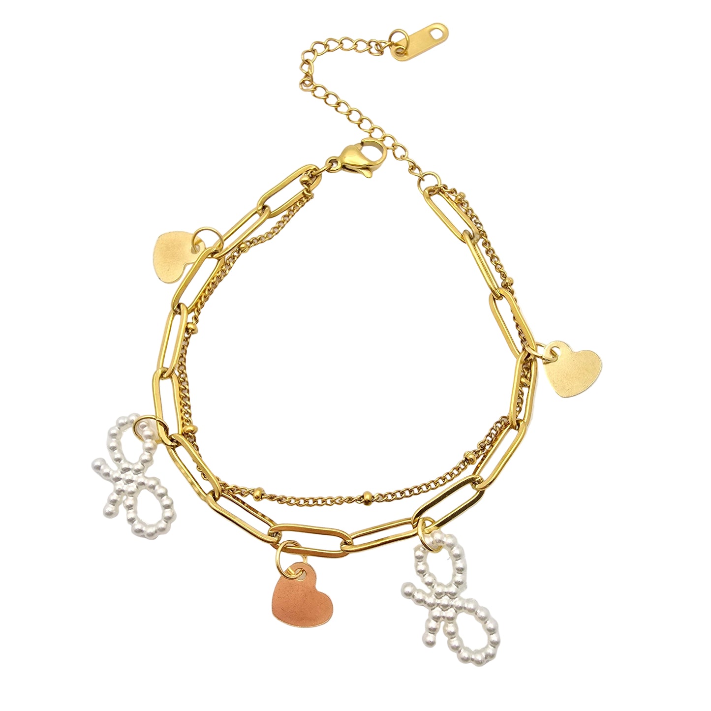 cute dainty gold bracelet with hearts and bows