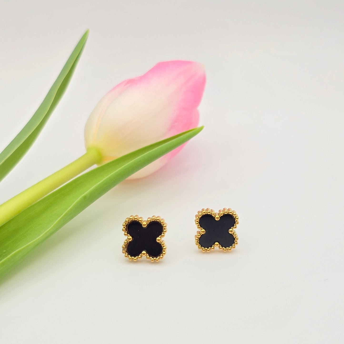 delicate gold black clover sweatproof stud earrings van cleef dupe