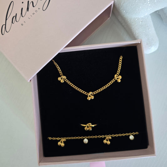 dainty gold cherry jewelry set