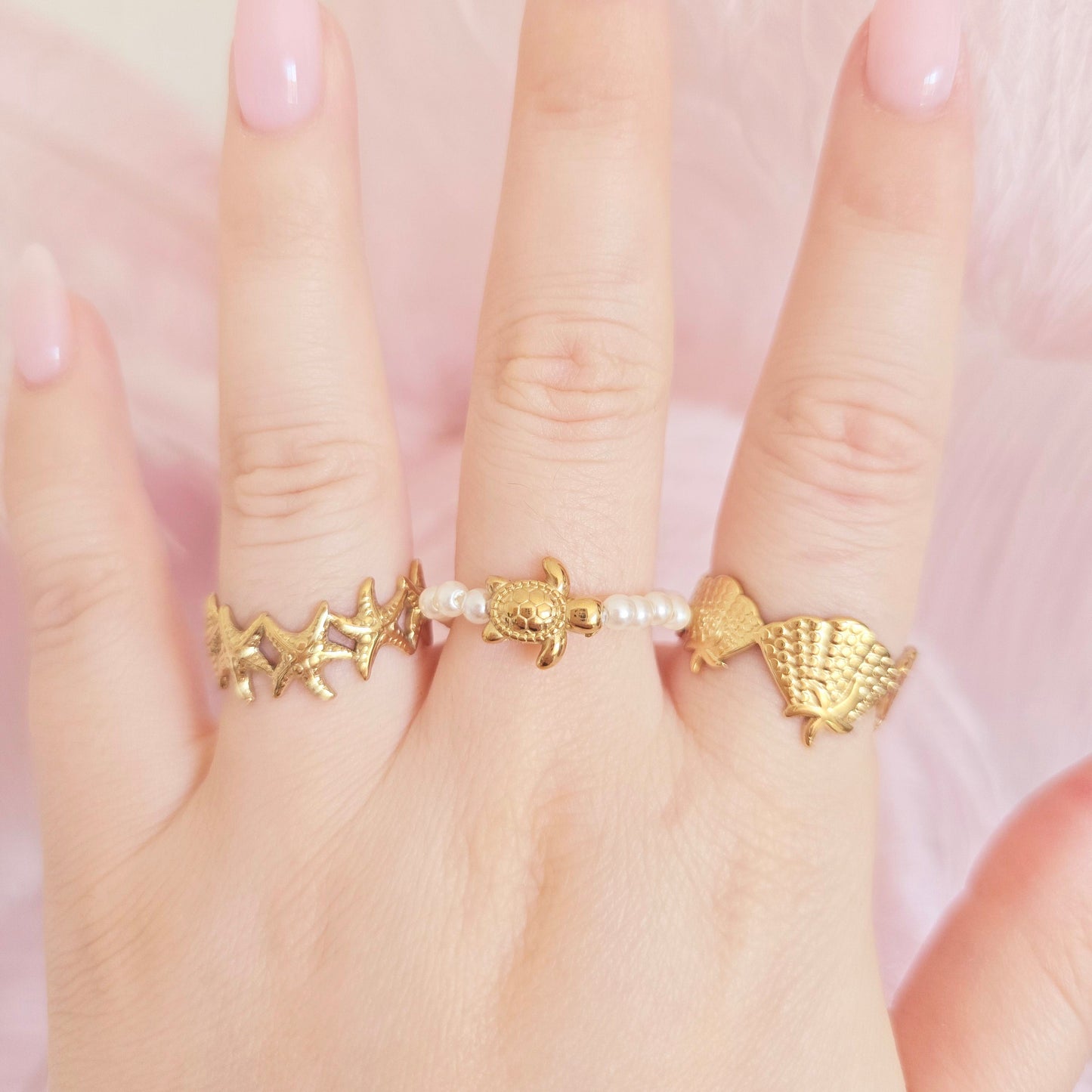 gold waterproof turtle shell starfish rings