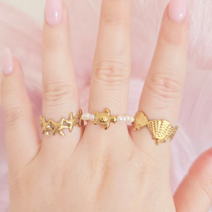 gold waterproof turtle shell starfish rings