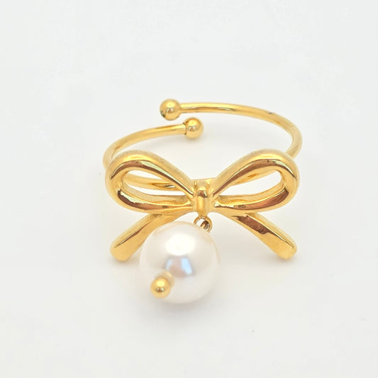 bow gold pearl ring dainty waterproof