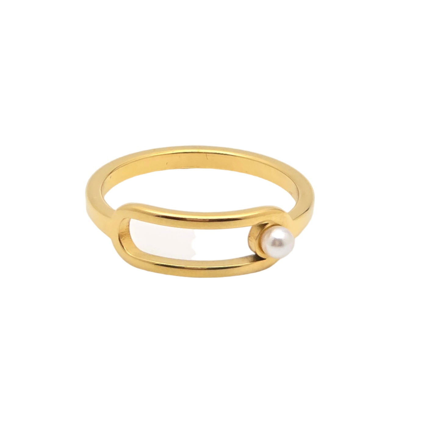 Gold ring with a pearl on a white background