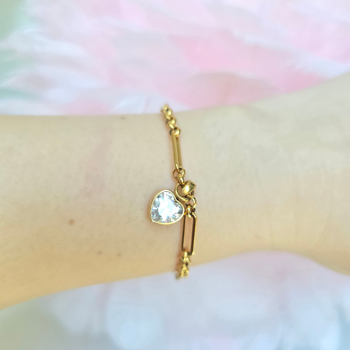 gold waterproof heart cz charm bracelet gift idea