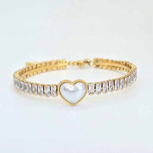 dainty heart pearl diamond bangle bracelet