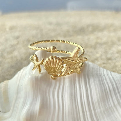 sea shells starfish gold waterproof ring vacation beach jewelry