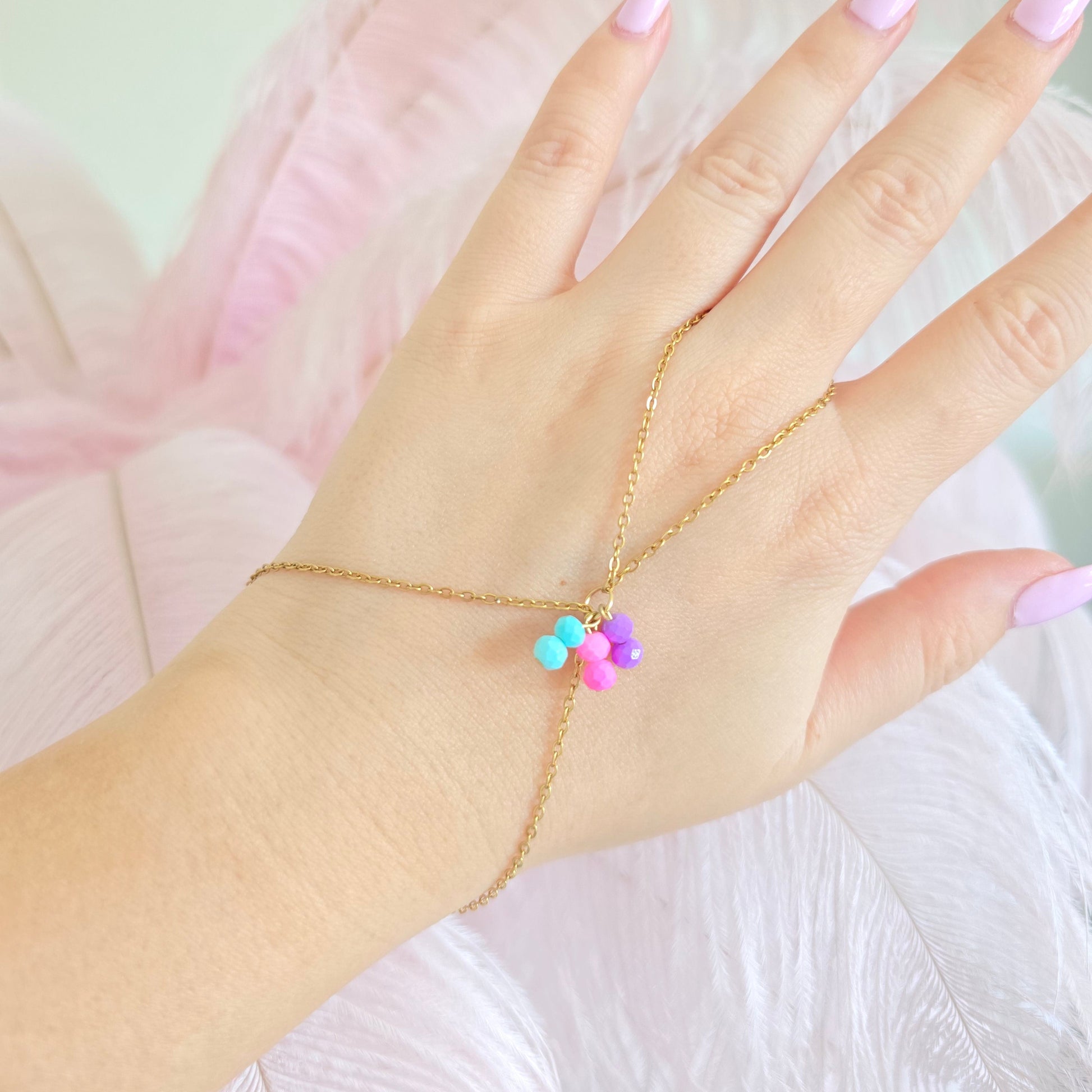 dainty gold colorful hand chain 