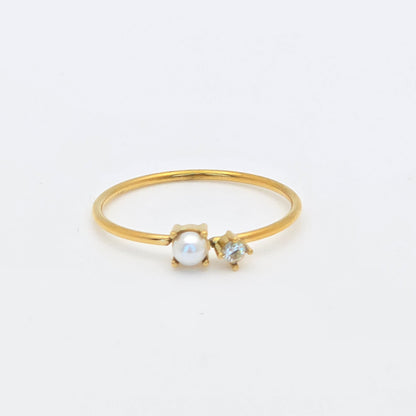 tiny thin stackable gold ring diamond pearl