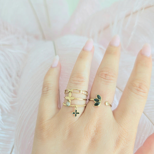 dainty black clover ring stackable thin