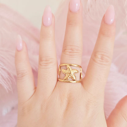 waterproof gold starfish shells ring