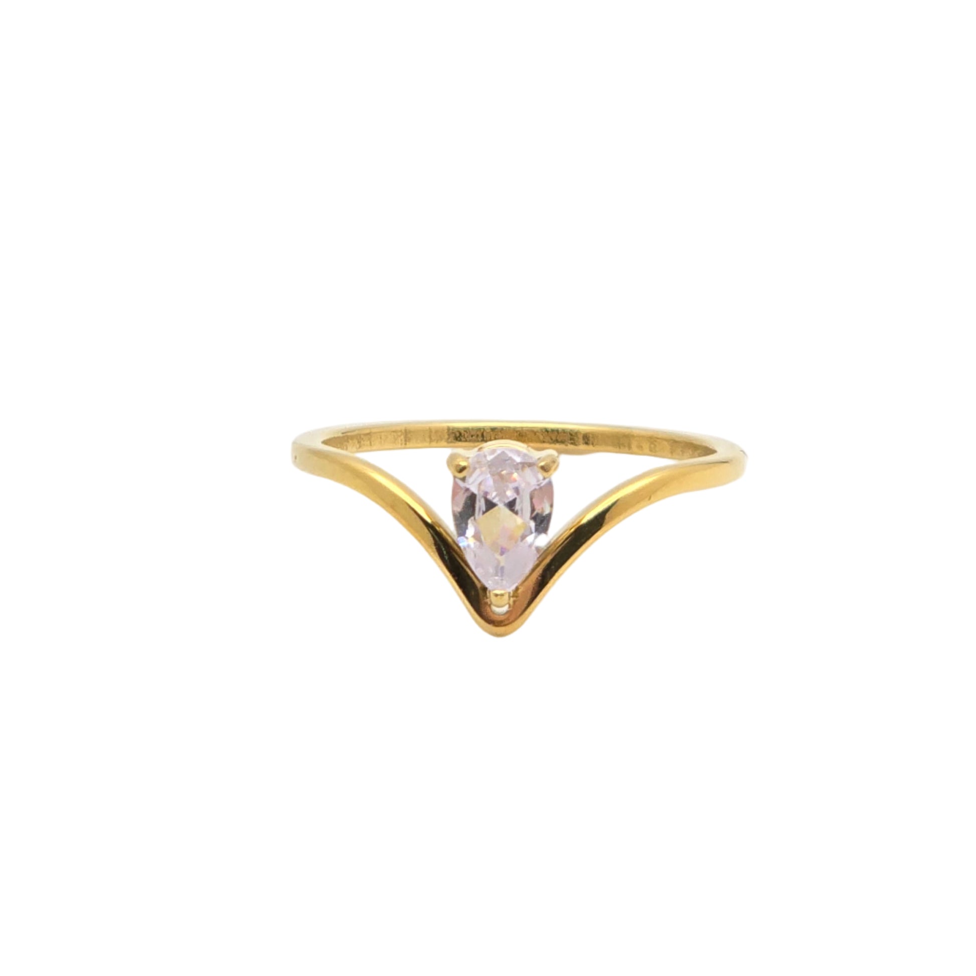 dainty gold v pear diamond ring