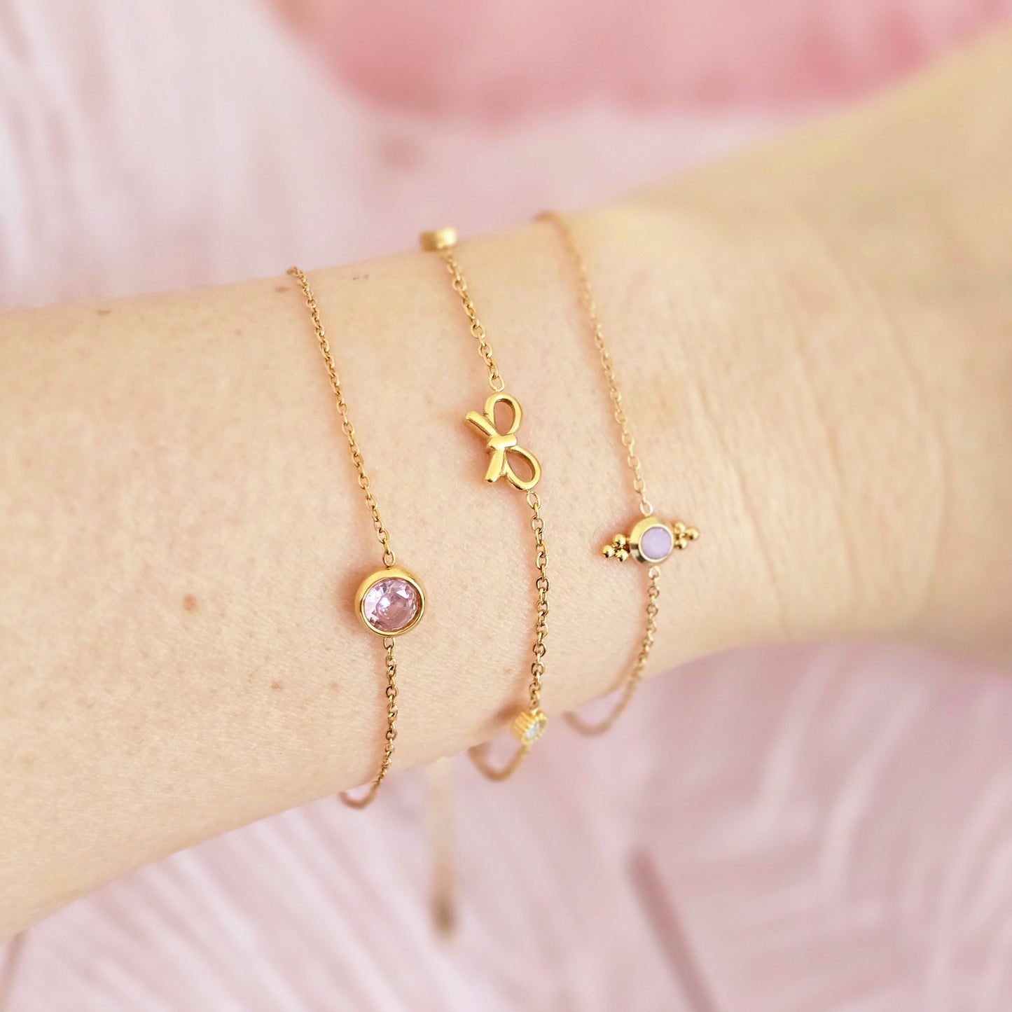dainty delicate pink diamond mini bow bracelet stackable