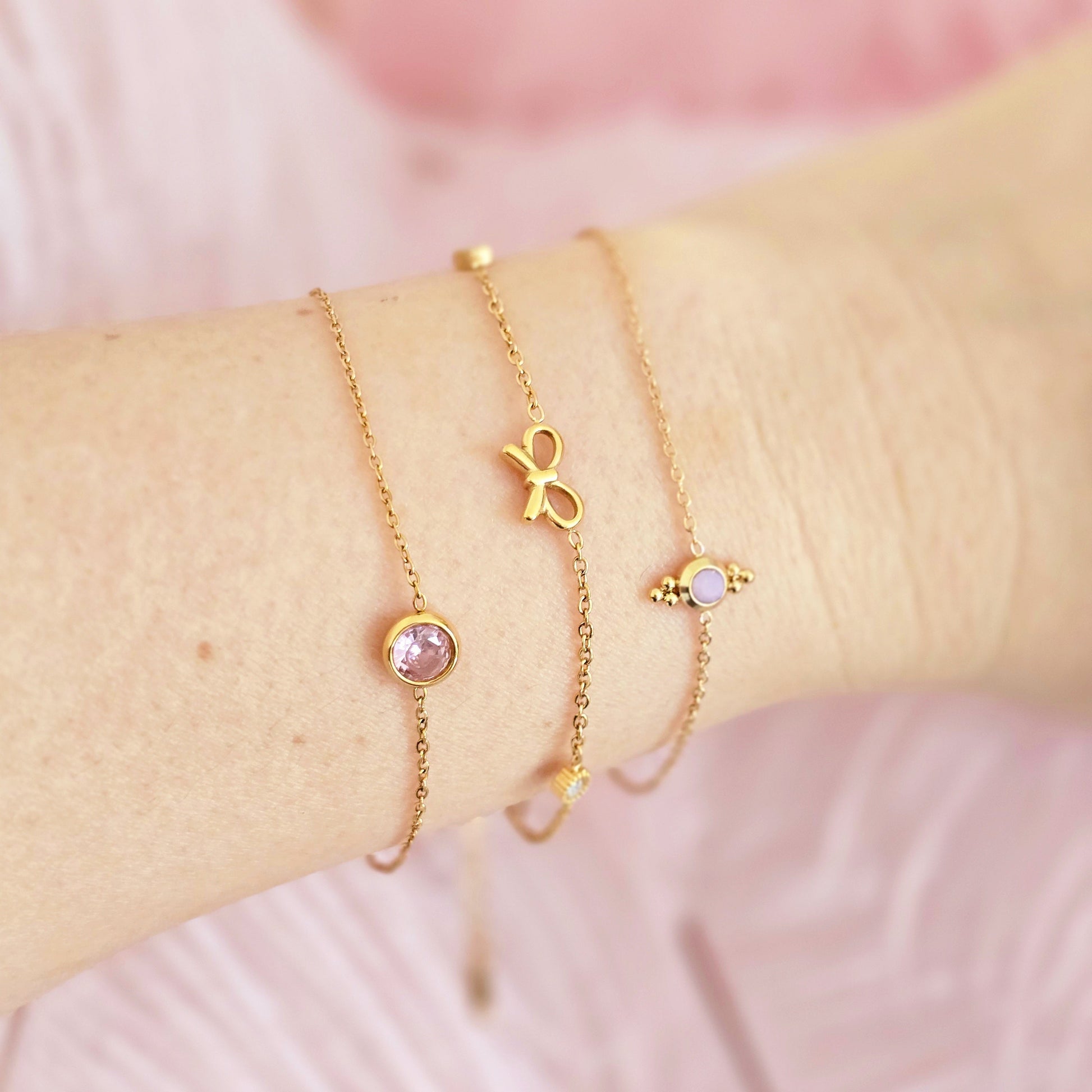 dainty delicate pink diamond mini bow bracelet stackable