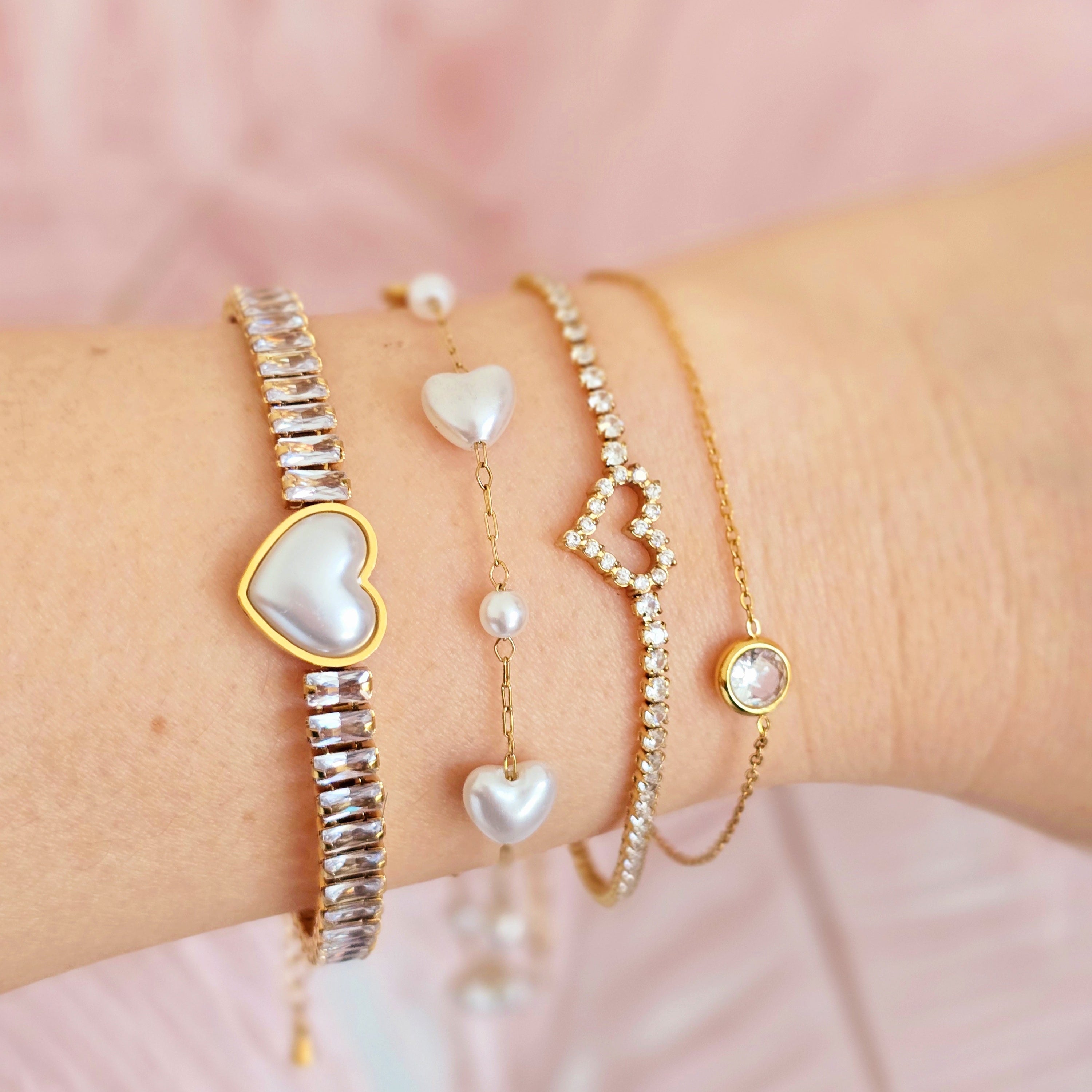 pearl heart bangle bracelet diamond stackable dainty