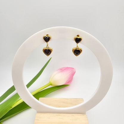 dainty black heart drop earrings gold waterproof