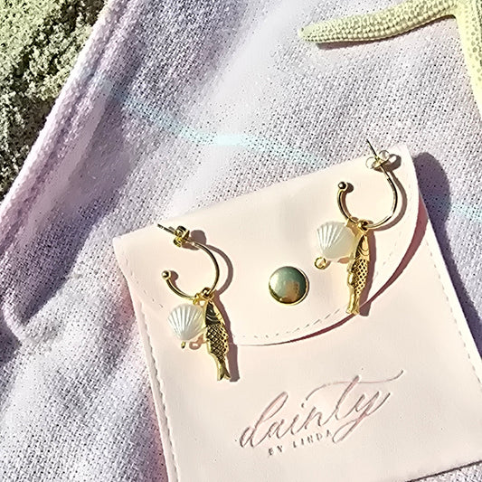 small fish and shell pearl earrings hoops