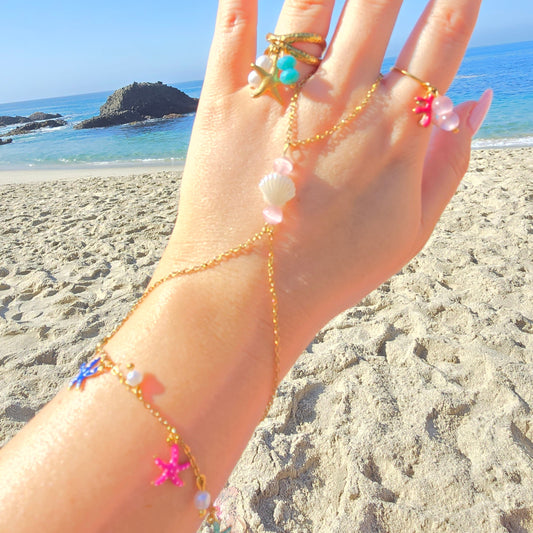 pink shell gold hand chain starfish bracelet dangly rings dainty