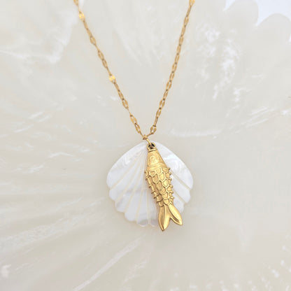 dainty gold fish shell necklace beach jewelry