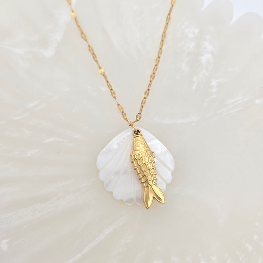 dainty gold fish shell necklace beach jewelry