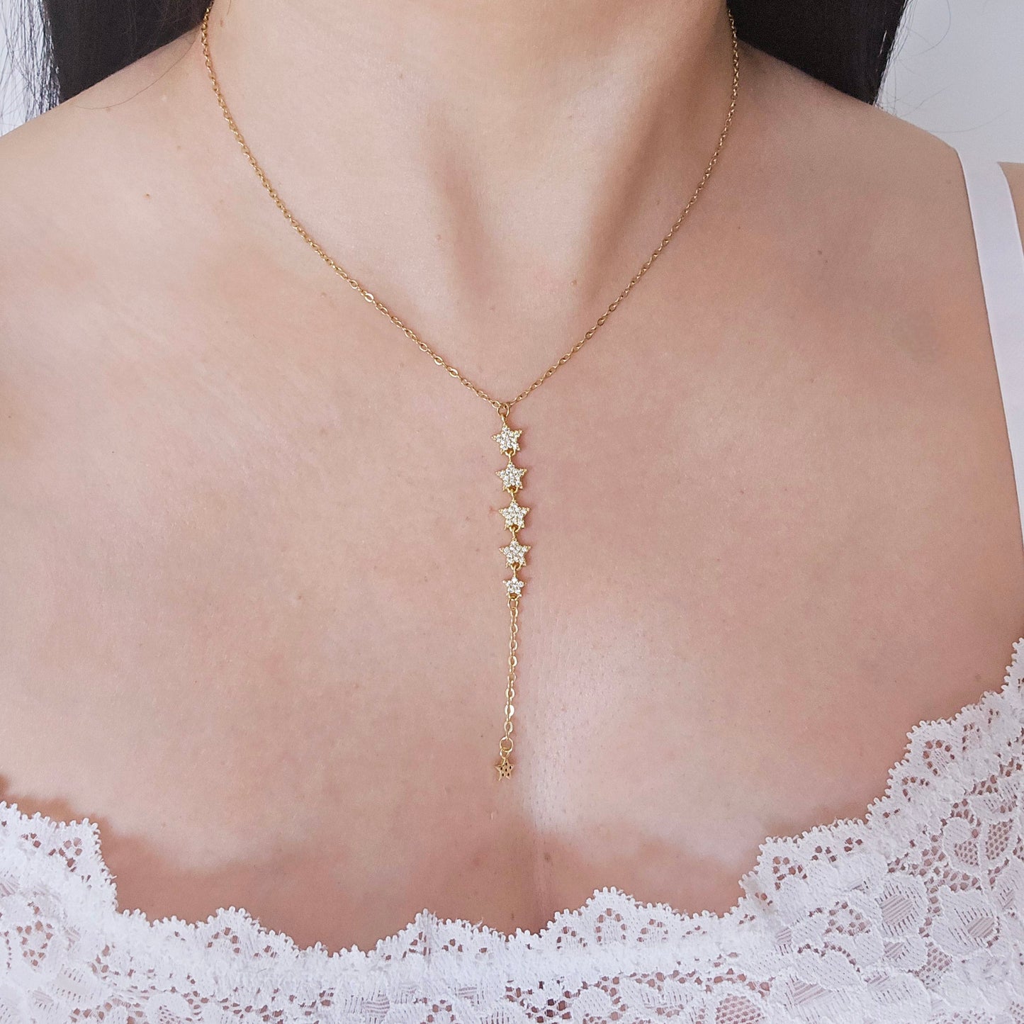gold stars lariat necklace waterproof dainty