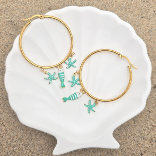 dainty hoop dangle starfish fish earrings