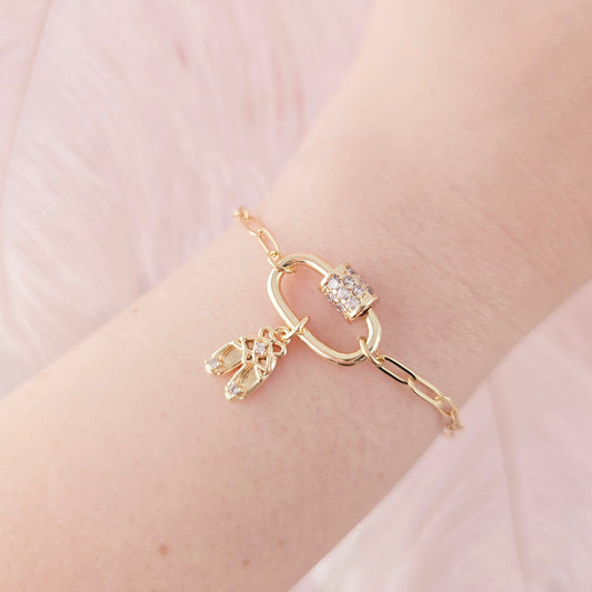 dainty gold ballet slipper charm carabiner bracelet
