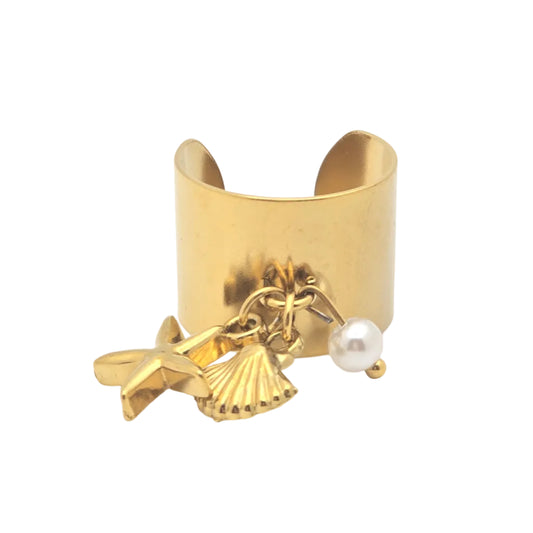 gold waterproof shell starfish pearl dangle ring