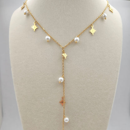 dainty gold stars pearl lariat necklace