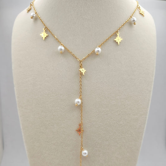 dainty gold stars pearl lariat necklace