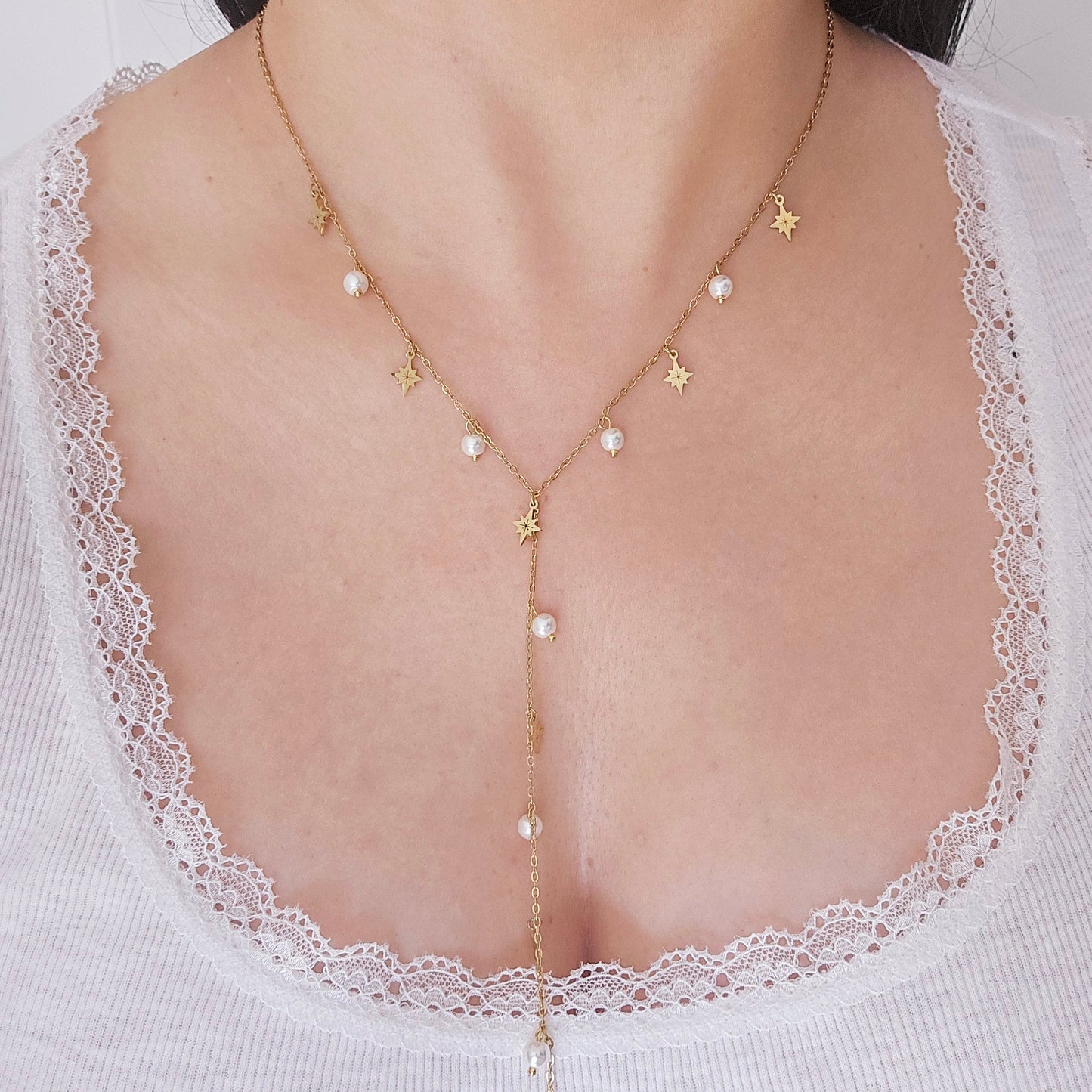 delicate gold stars pearl lariat necklace