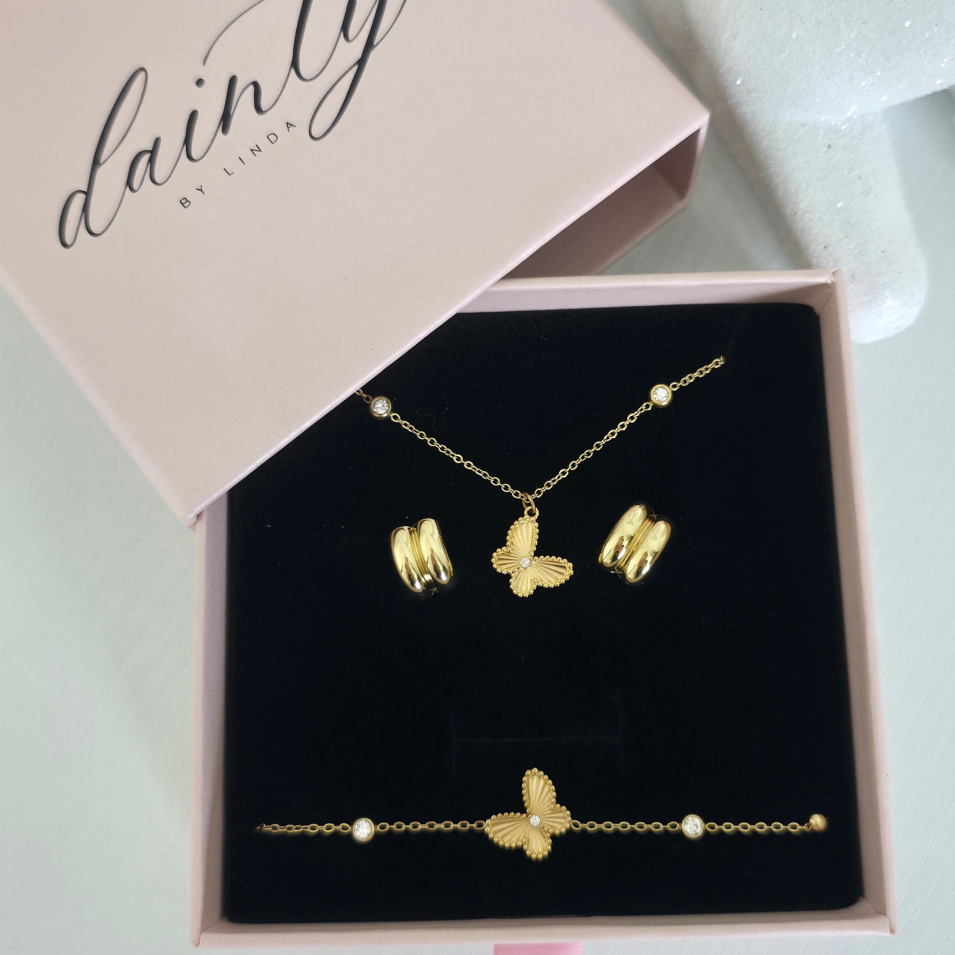van cleef dupe gold butterfly necklace bracelet earrings