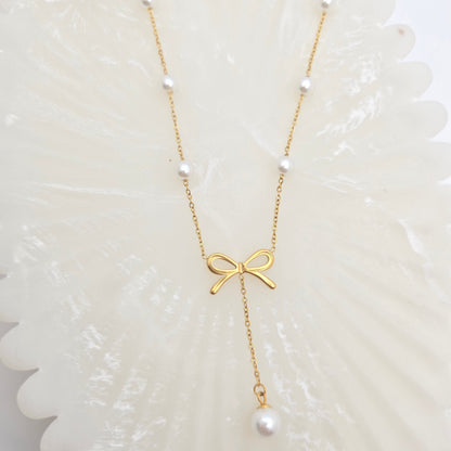 Bow Drop Pearl Lariat Necklace