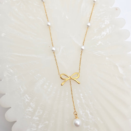 Bow Drop Pearl Lariat Necklace